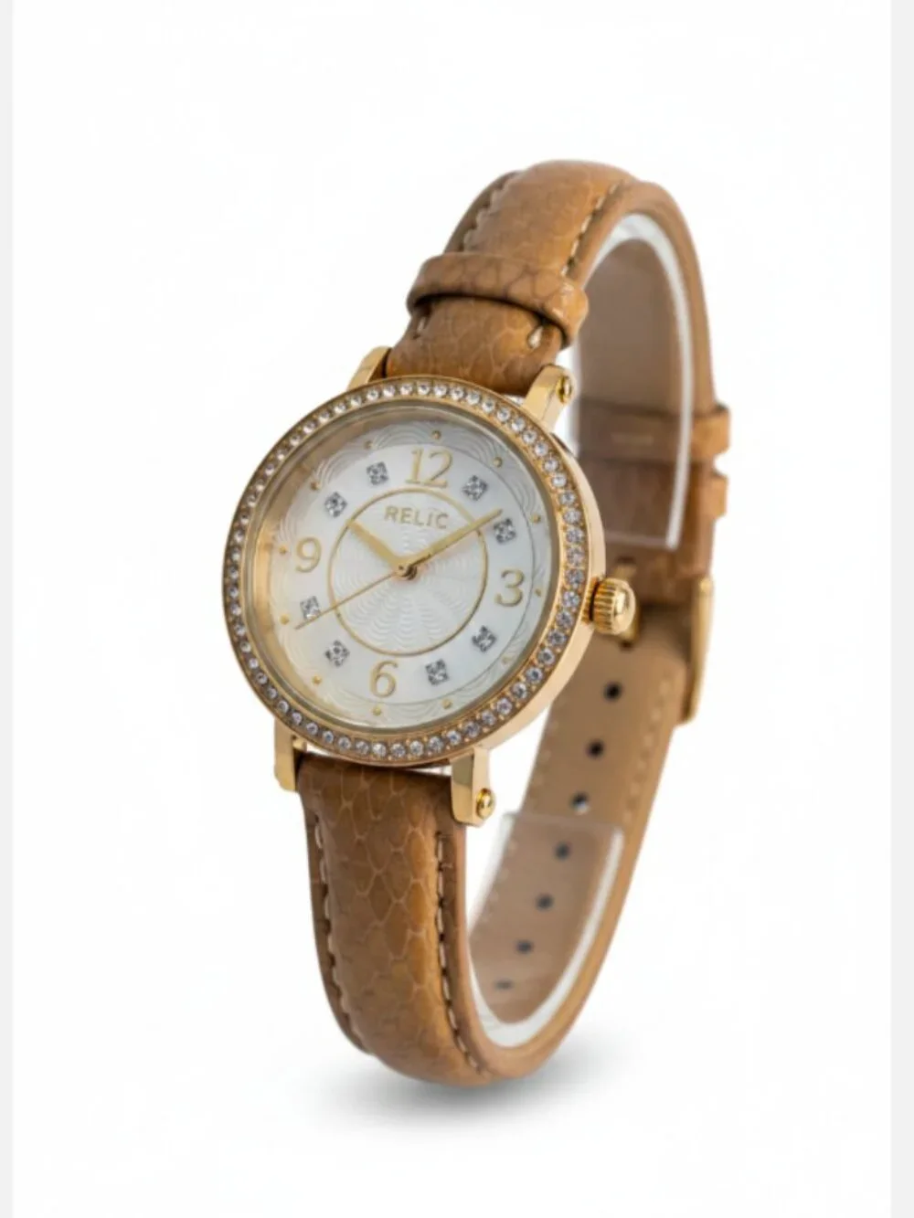 Relic by Fossil Women's Watch Tan Leather Crystal Bezel New Battery Runs ZR34158